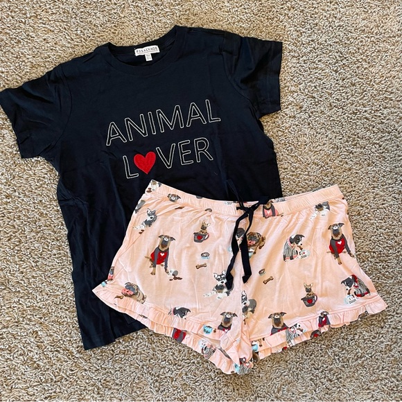 PJ Salvage Black Animal Lover Embroidered Short Sleeve T-Shirt Top Sleep Shorts - Picture 1 of 14